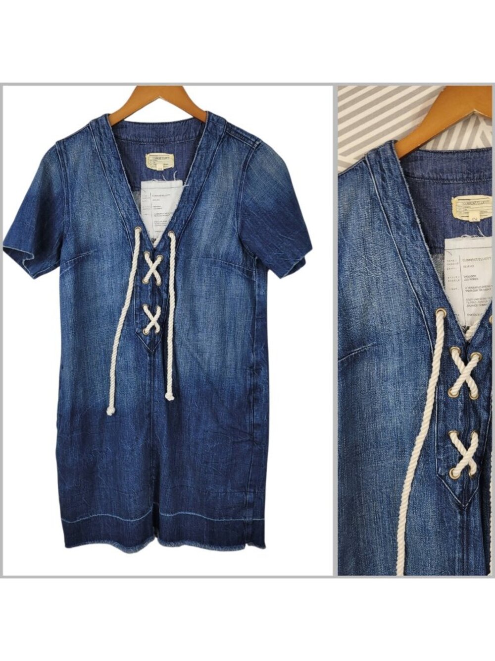 CURRENT/ELLIOTT Denim Shirt Dress Lace Up Frayed Hem V-Neck Blue Size 2 Shift